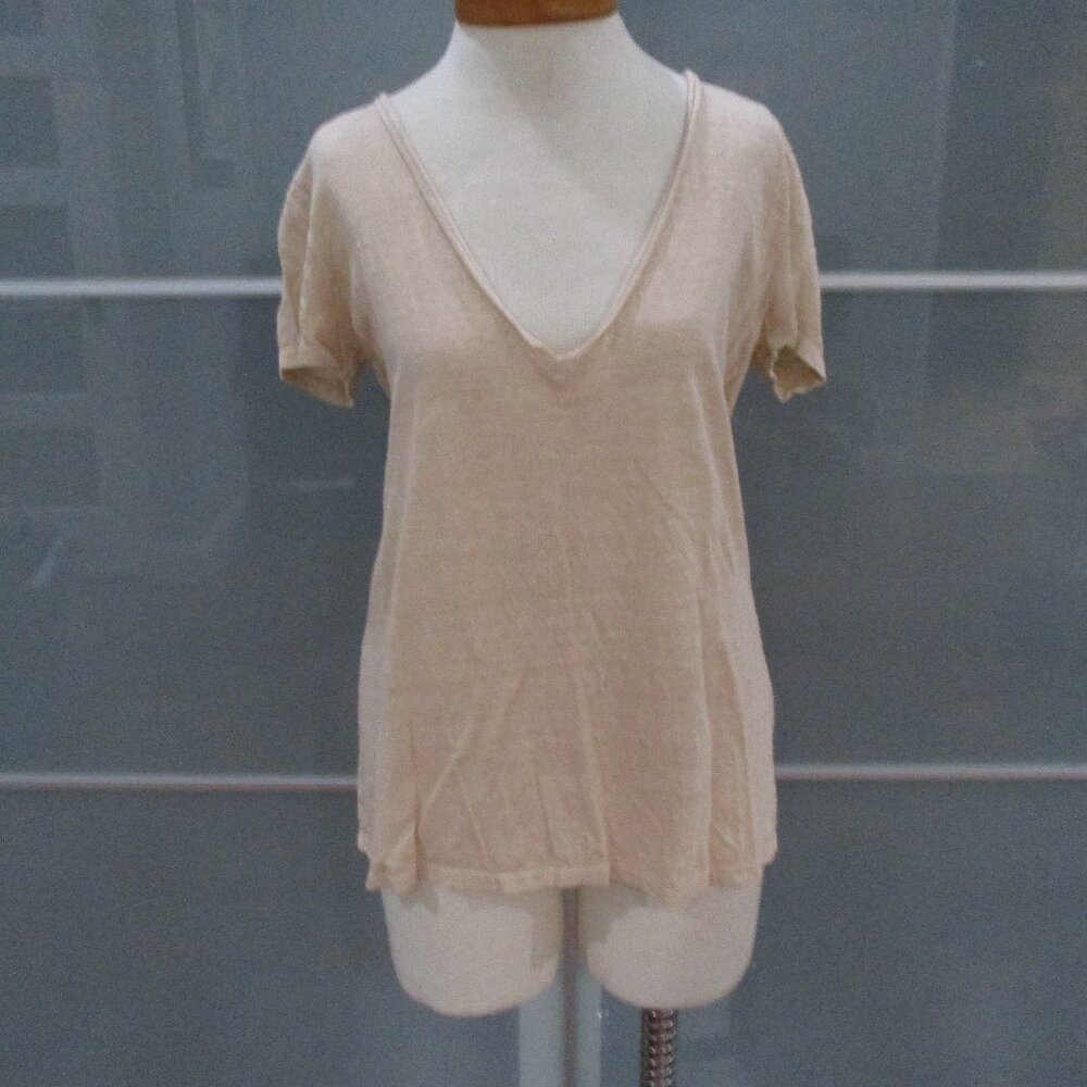 lanhtropy Short Sleeve V-Neck Linen Camel T-Shirt